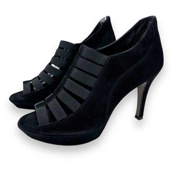 Paul Green Black Elastic Suede Cage Platform Heels Sz 5 - Picture 1 of 13